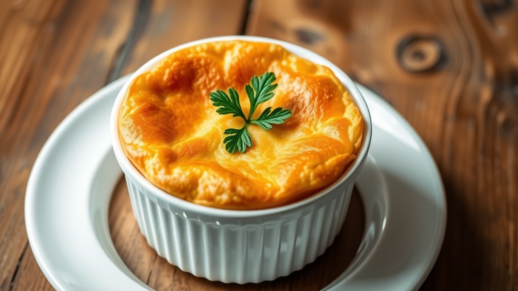 Light and Fluffy Carrot Soufflé Recipe A golden brown carrot soufflé in a white dish, garnished with parsley, on a rustic wooden table.
